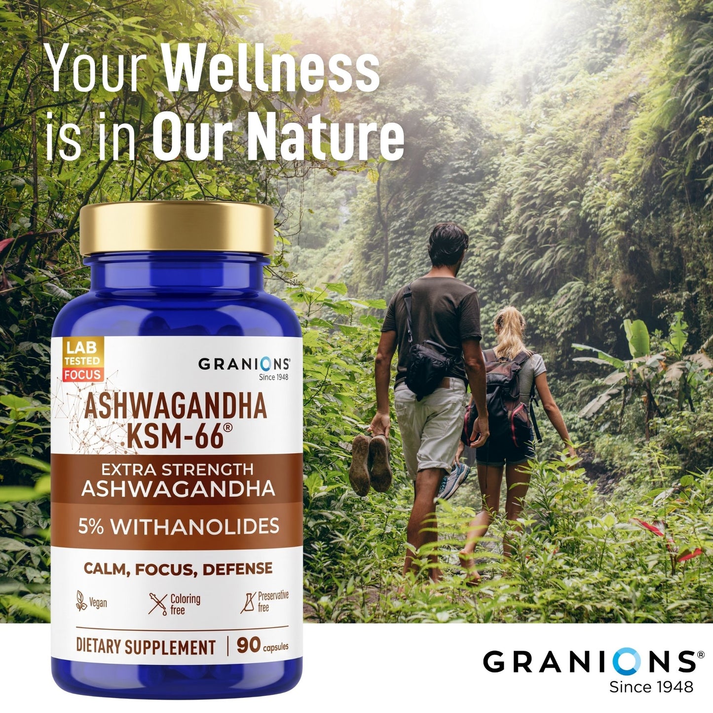Supplement bottle with 'Your Wellness is in Our Nature' text and Granions branding, set against a forest background.