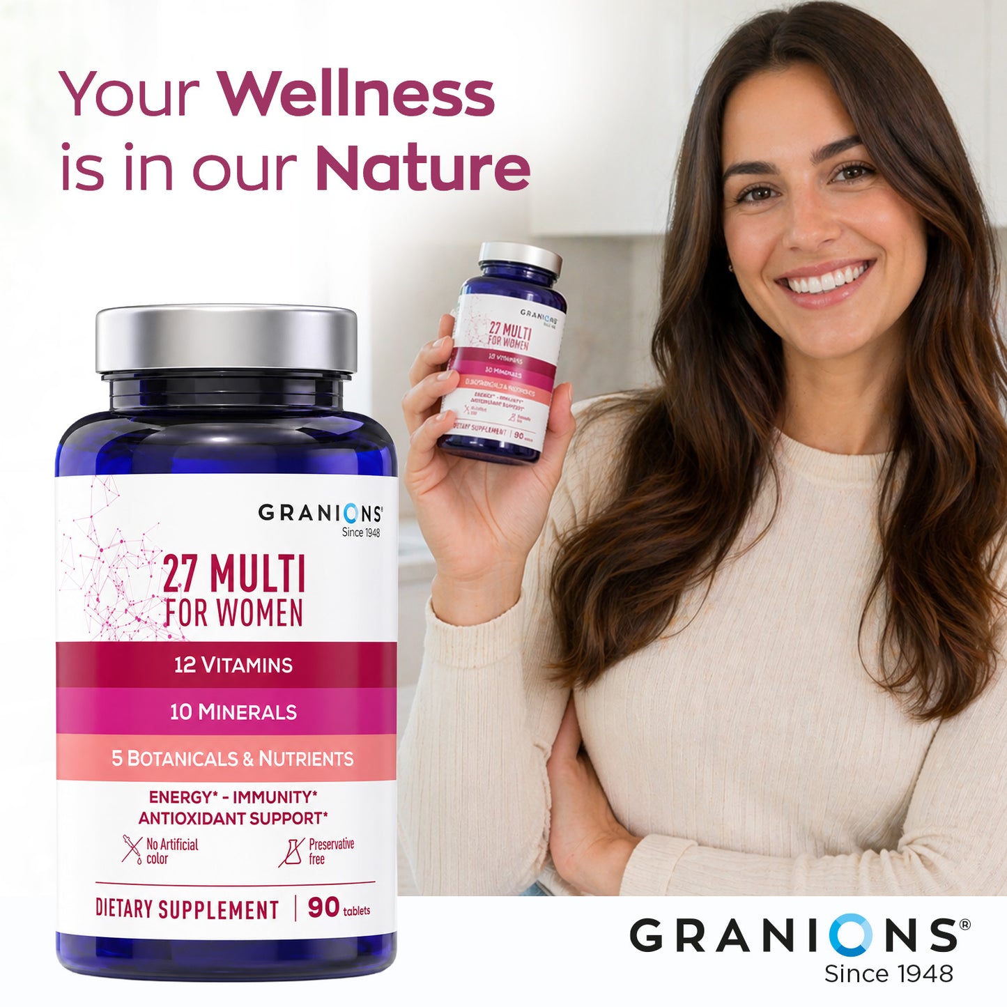 Granions 27 Multi for Women dietary supplement bottle shown next to a smiling woman holding a smaller bottle, with the text 'Your Wellness is in our Nature' and the Granions logo.