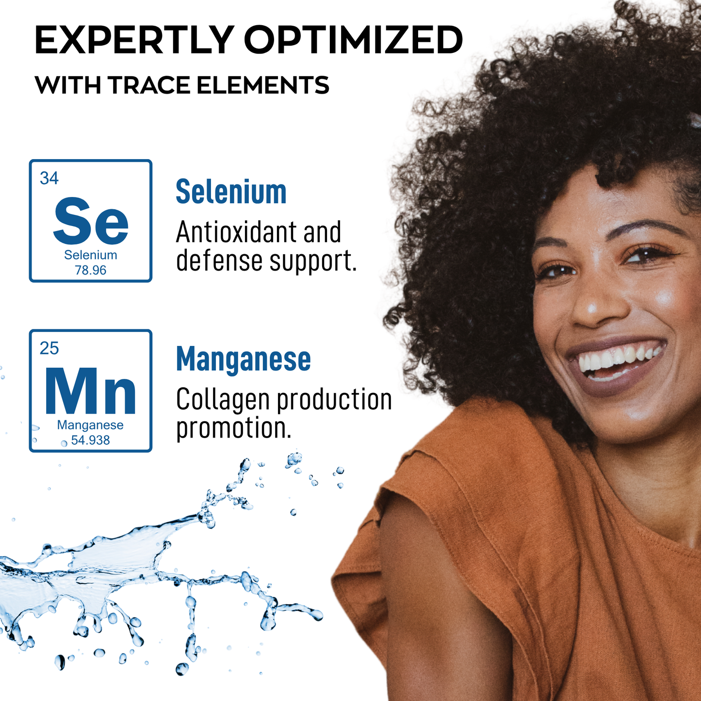 Woman with a smile, elements of selenium and manganese, and water droplets on a white background