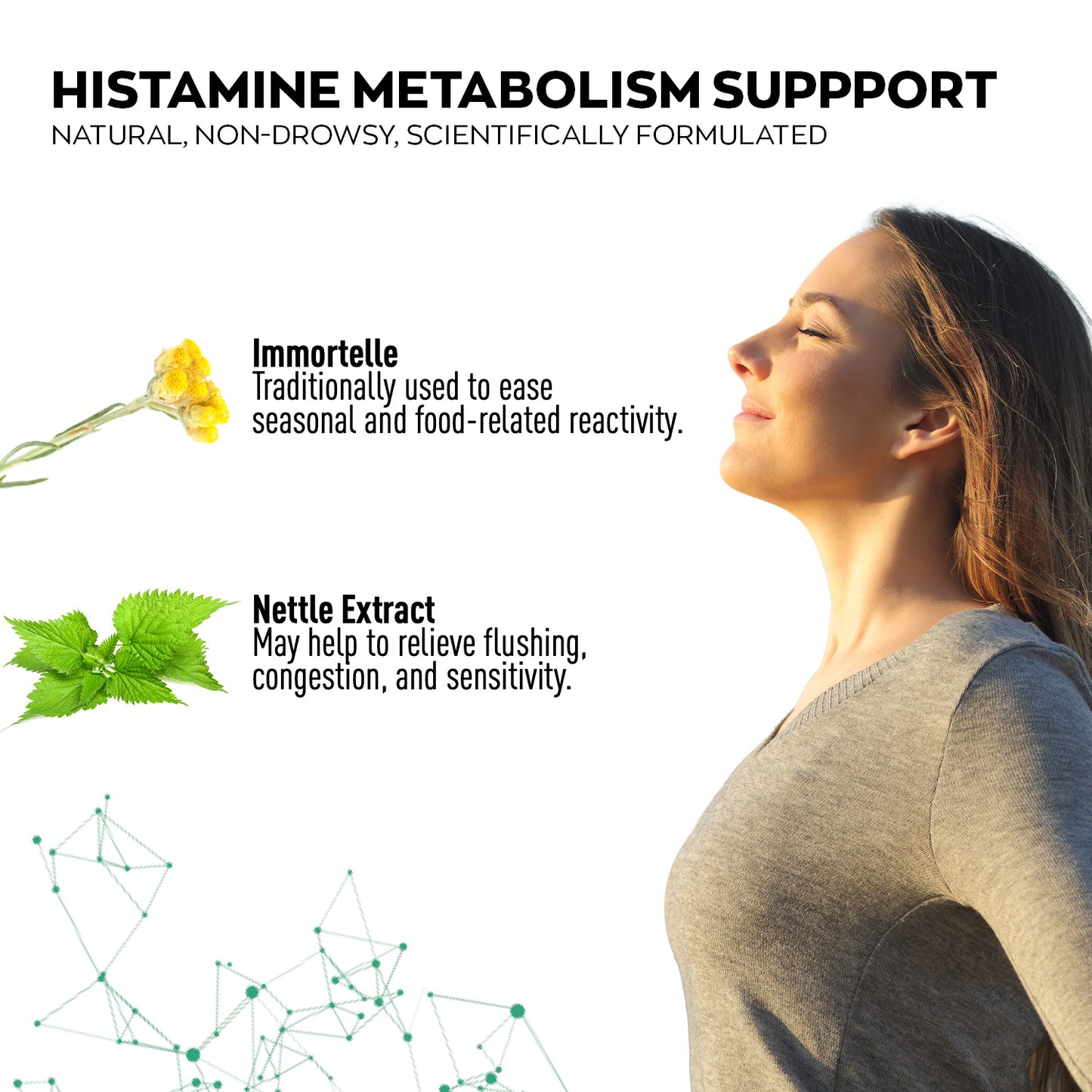 Advertisement for histamine metabolism support with a woman and natural elements on a white background