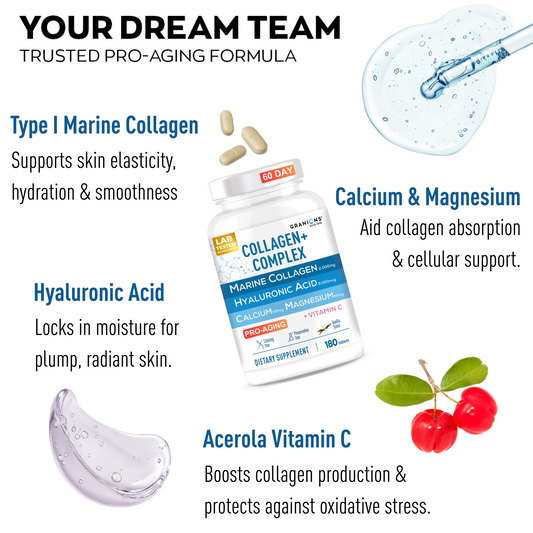 Collagen supplement bottle with ingredients listed on a white background