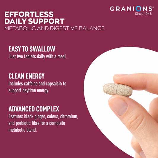 Granions supplement advertisement with a pill and text on a purple background