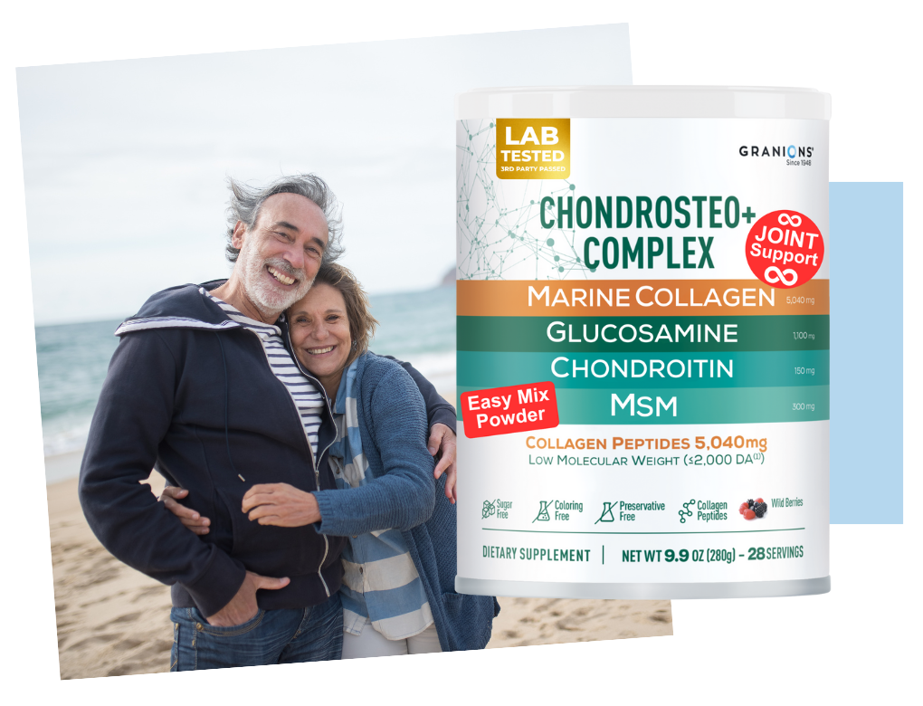 Chondrosteo Complex Supplement Powder package with Marine Collagen, Glucoasamine, Chonsdroitin and MSM with a couple on a beach