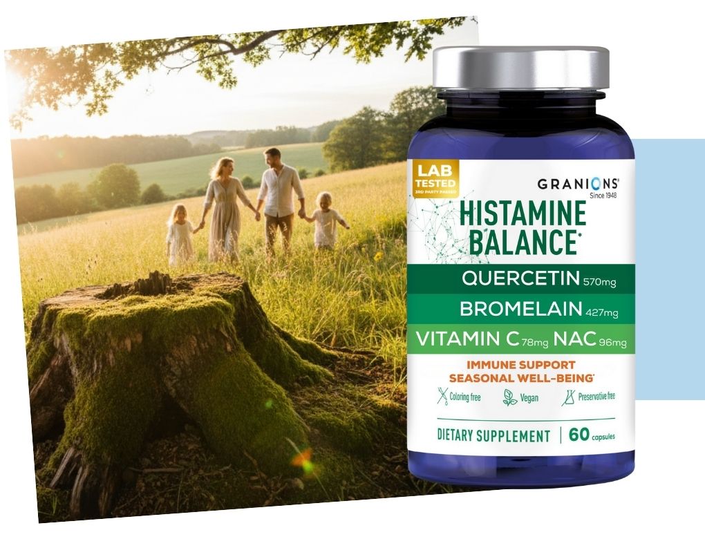 Supplement bottle labeled 'Histamine Balance' with a scenic background of a family in a field.