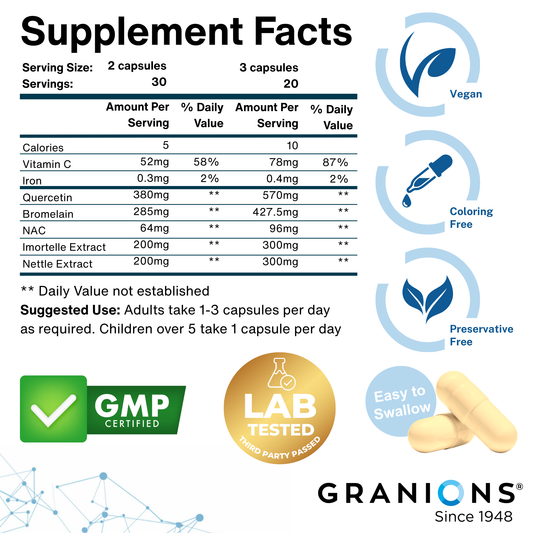 Supplement facts label with Granions branding and product details.