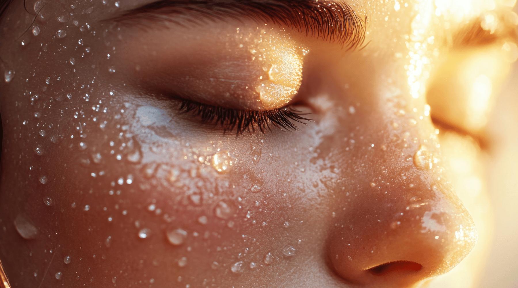 Close up of woman's face with water drops on linking to information about hyaluronic acid