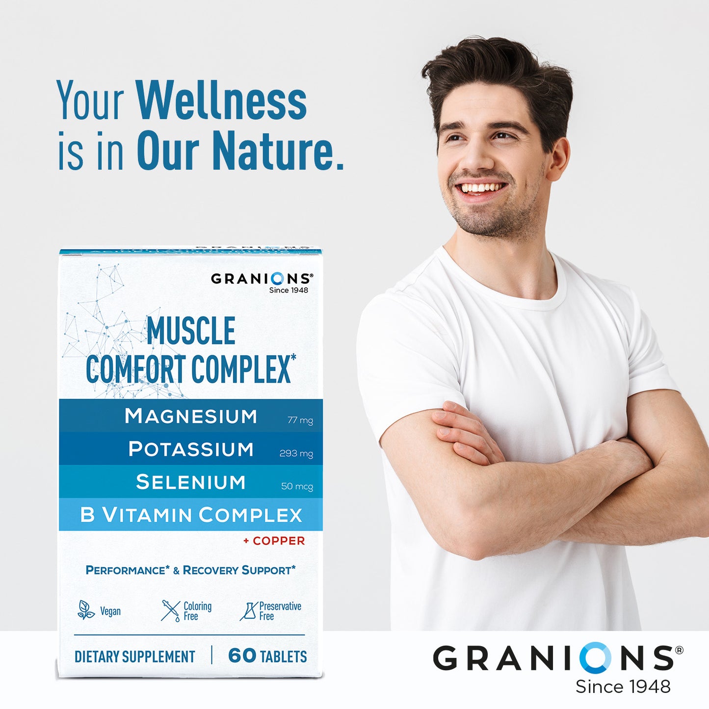 Man with arms crossed next to Granions Muscle Comfort Complex supplement box on a light gray background