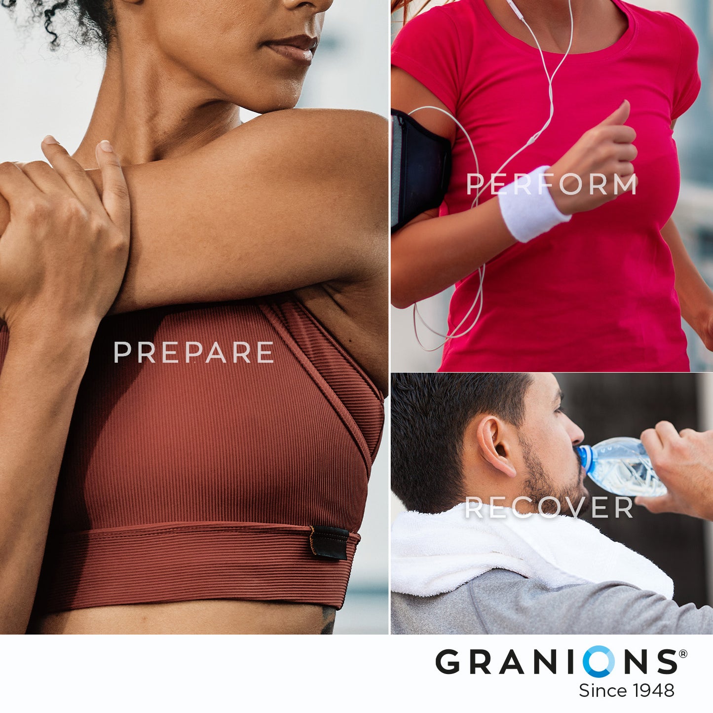Collage of people exercising with 'Prepare', 'Perform', and 'Recover' text, featuring the Granions brand.