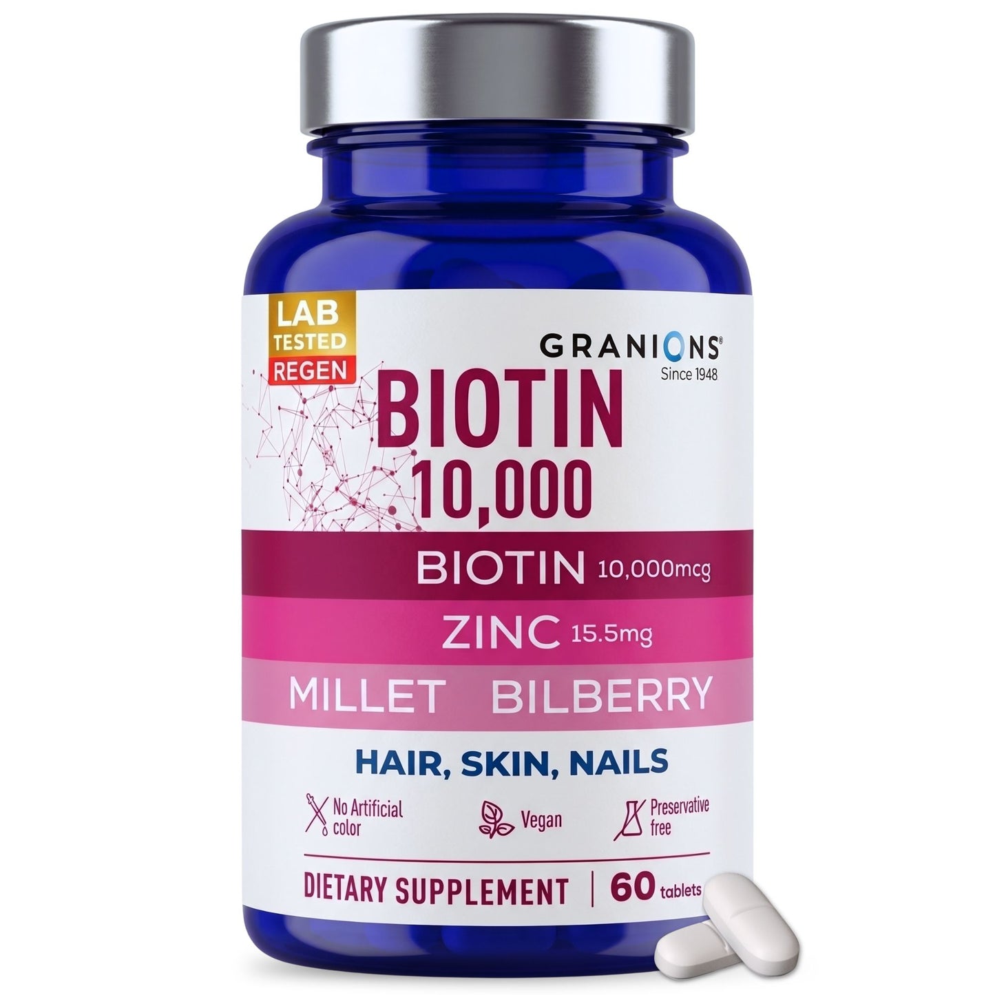 Bottle of Granions Biotin 10,000 dietary supplement with blue and white label.