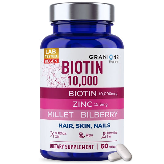 Bottle of Granions Biotin 10,000 dietary supplement with blue and white label.