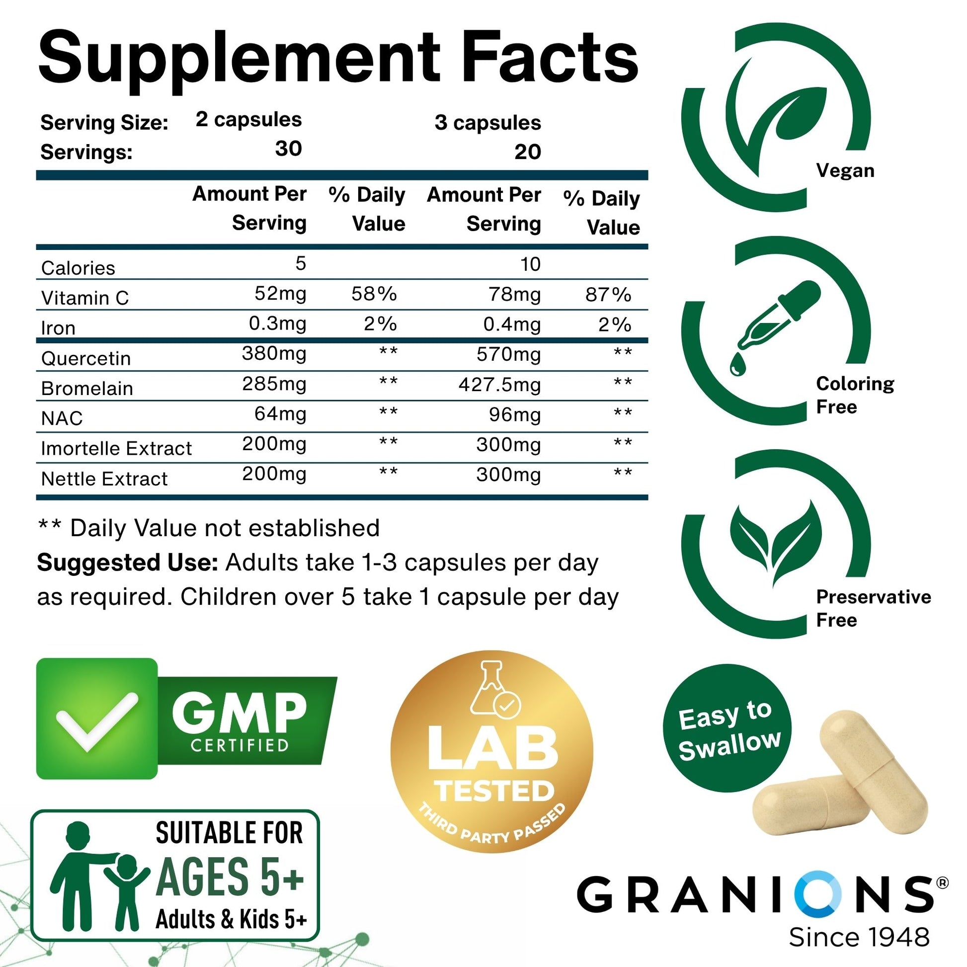 Supplement facts label with various health benefits and certifications on a white background