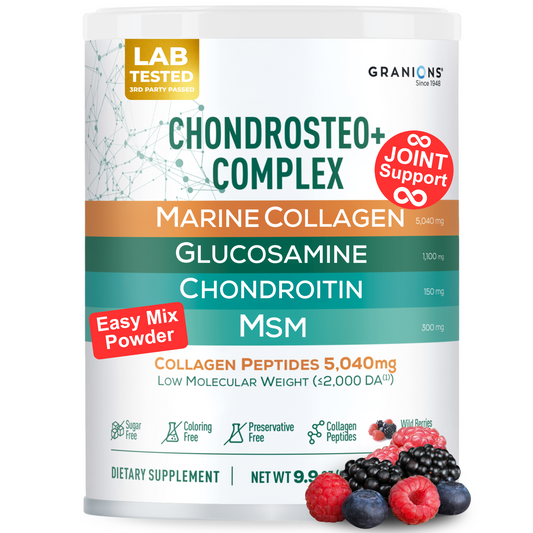Supplement powder package with ingredients listed on a white background