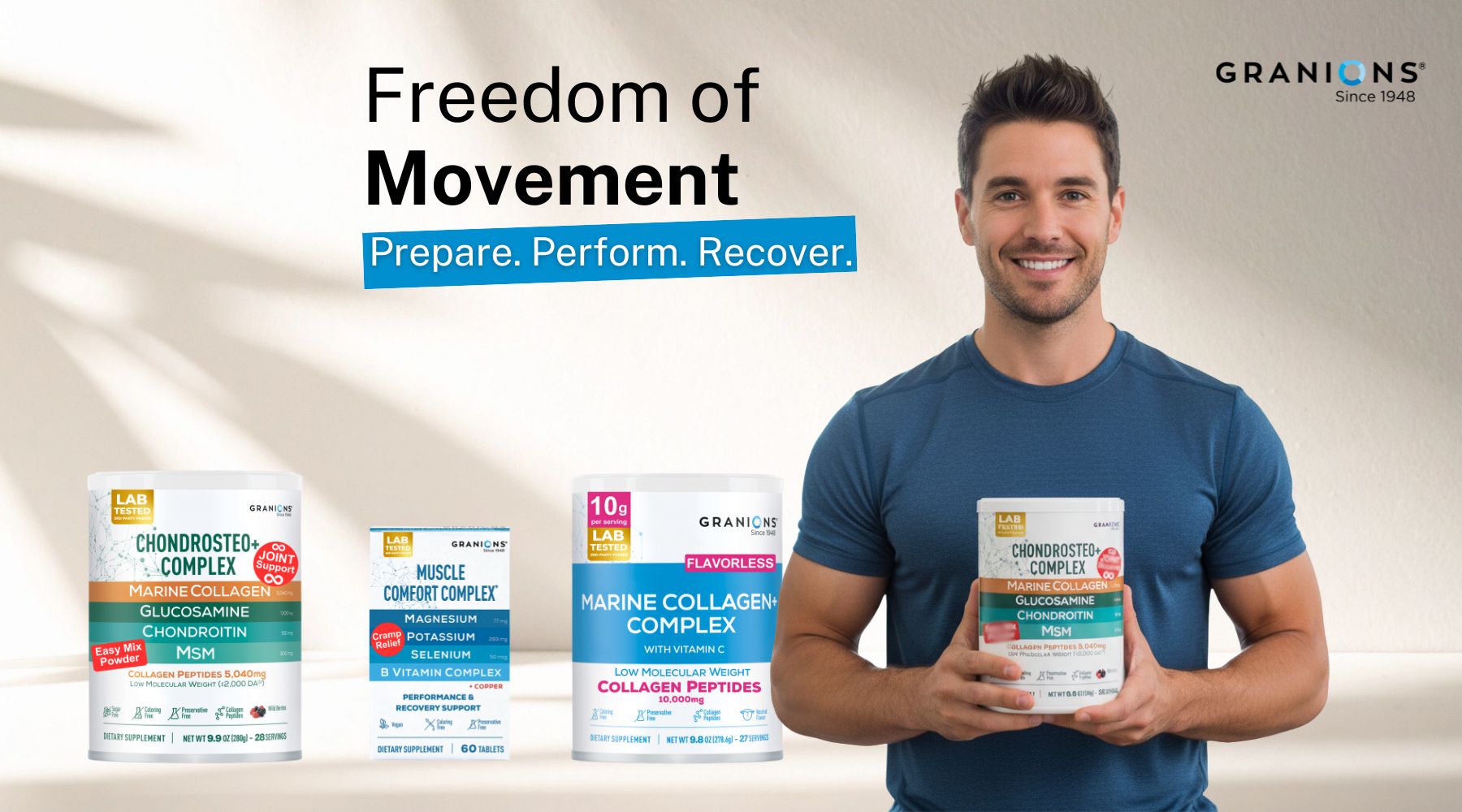 Man holding Granions supplement containers with product packaging displayed.