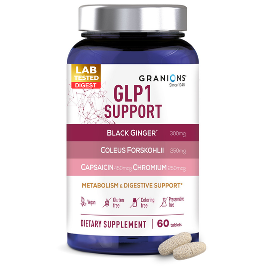 Supplement bottle labeled 'GLP1 Support' with ingredients on a white background