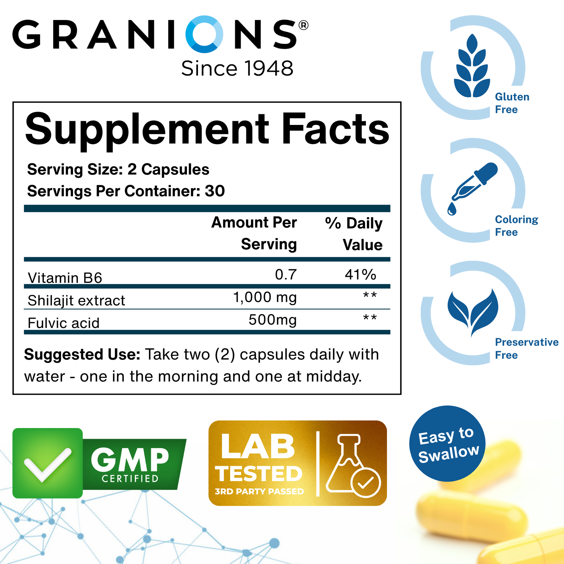 Supplement facts label for Granions with vitamins and extracts, featuring certification logos and product images.