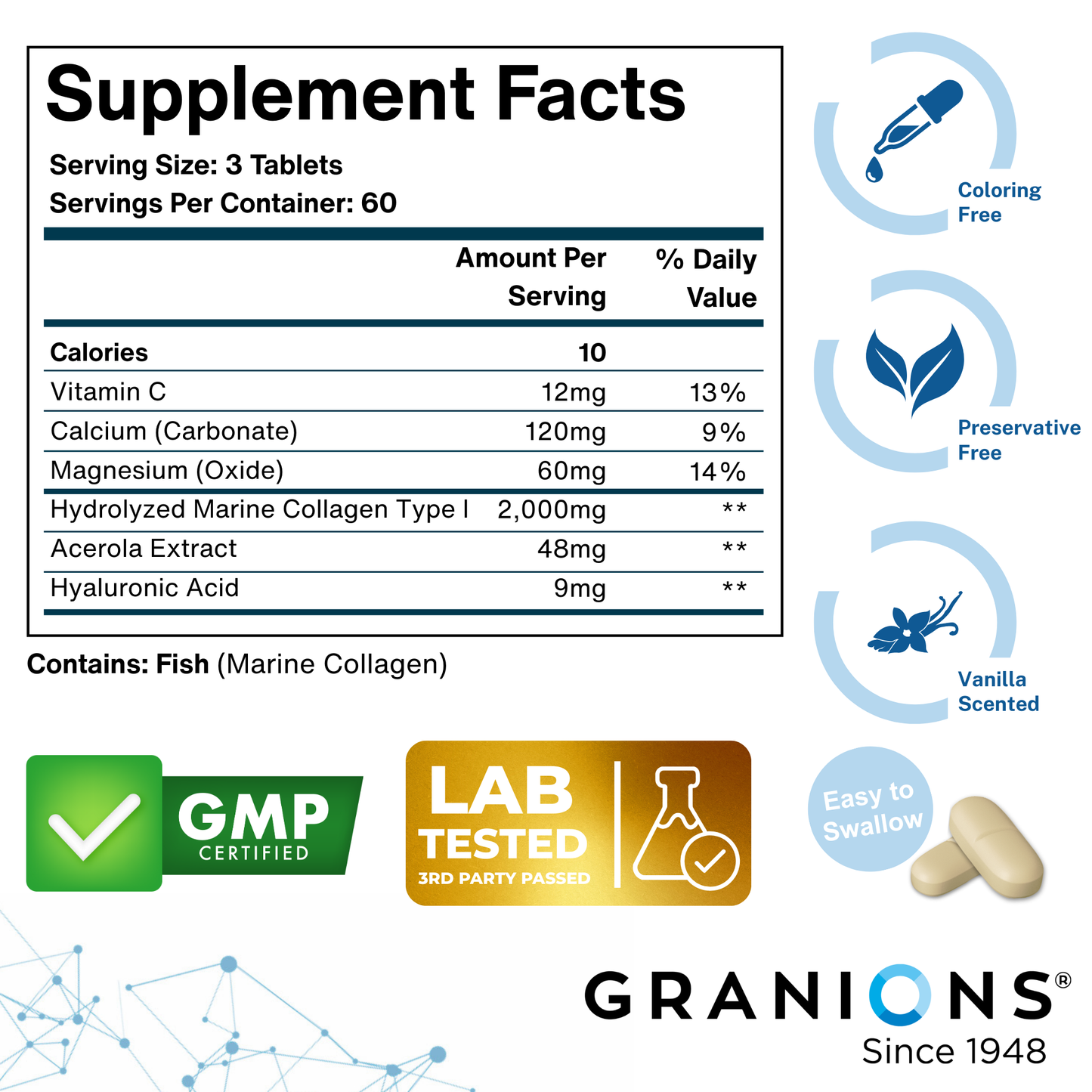 Supplement facts label with Granions branding and product features.