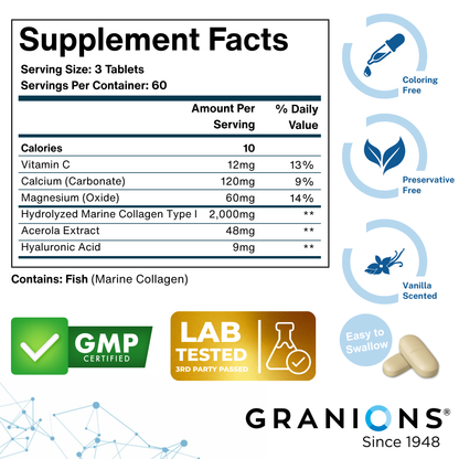 Supplement facts label with Granions branding and product features.