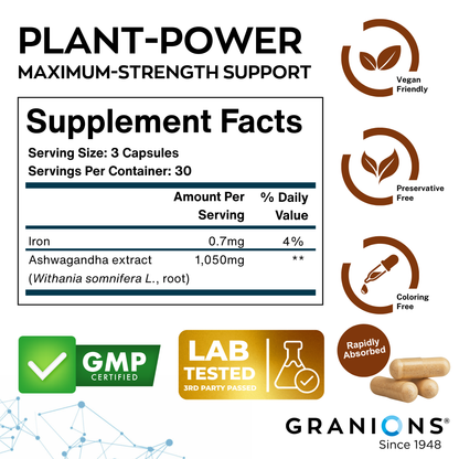 Supplement label for 'Plant-Power Maximum-Strength Support' with details on ingredients, certifications, and branding.
