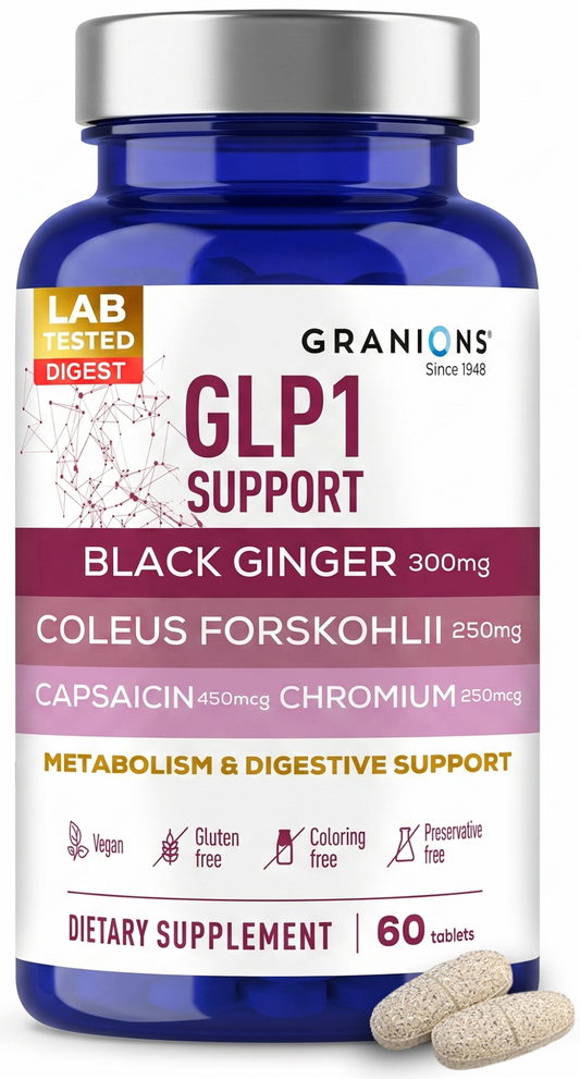 Supplement bottle labeled 'GLP1 Support' with ingredients listed on a white background
