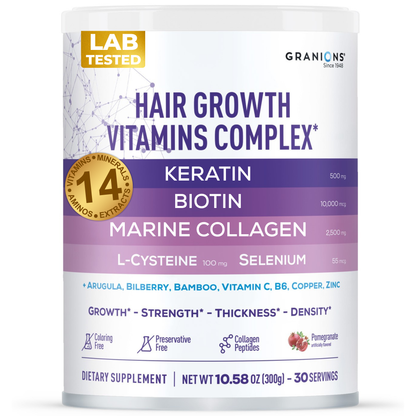 Hair growth vitamins complex supplement container with visible branding and product details.