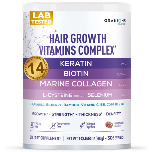 Hair growth vitamins complex supplement container with visible branding and product details.