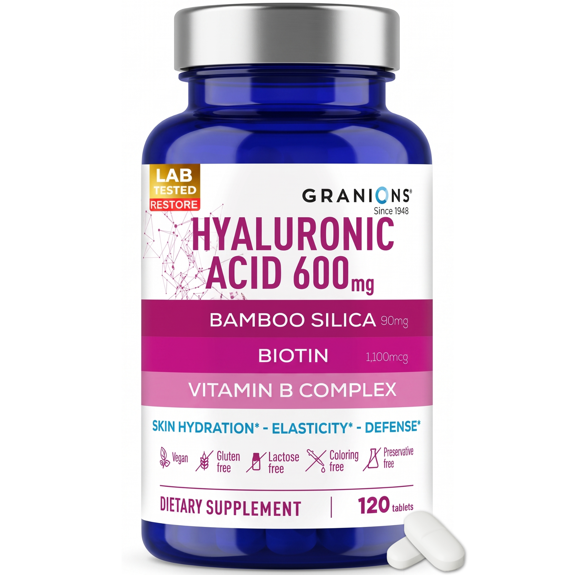 Supplement bottle labeled 'Hyaluronic Acid 600mg' by Granions on a white background