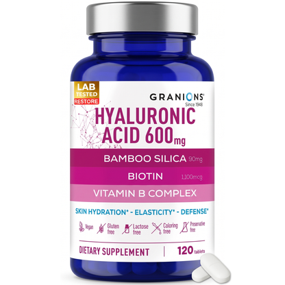 Supplement bottle labeled 'Hyaluronic Acid 600mg' by Granions on a white background
