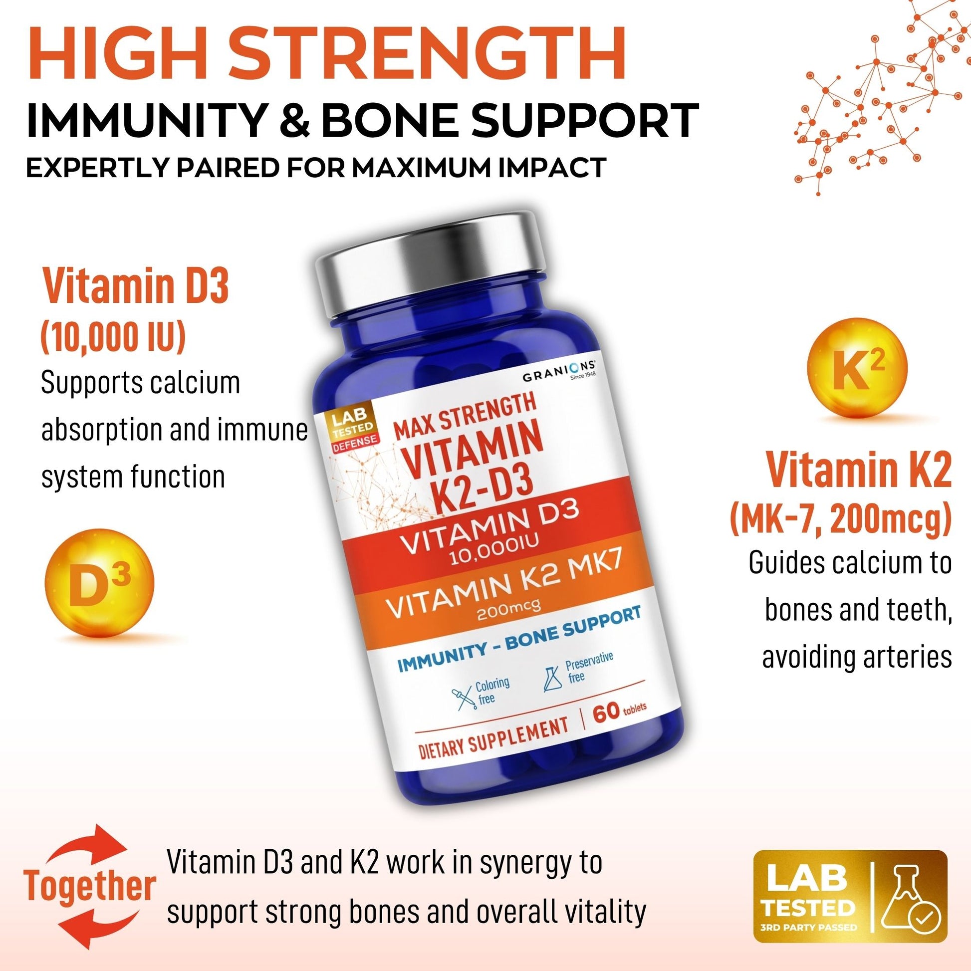 Vitamin supplement bottle with text highlighting immune and bone support, featuring Vitamin D3 and K2.