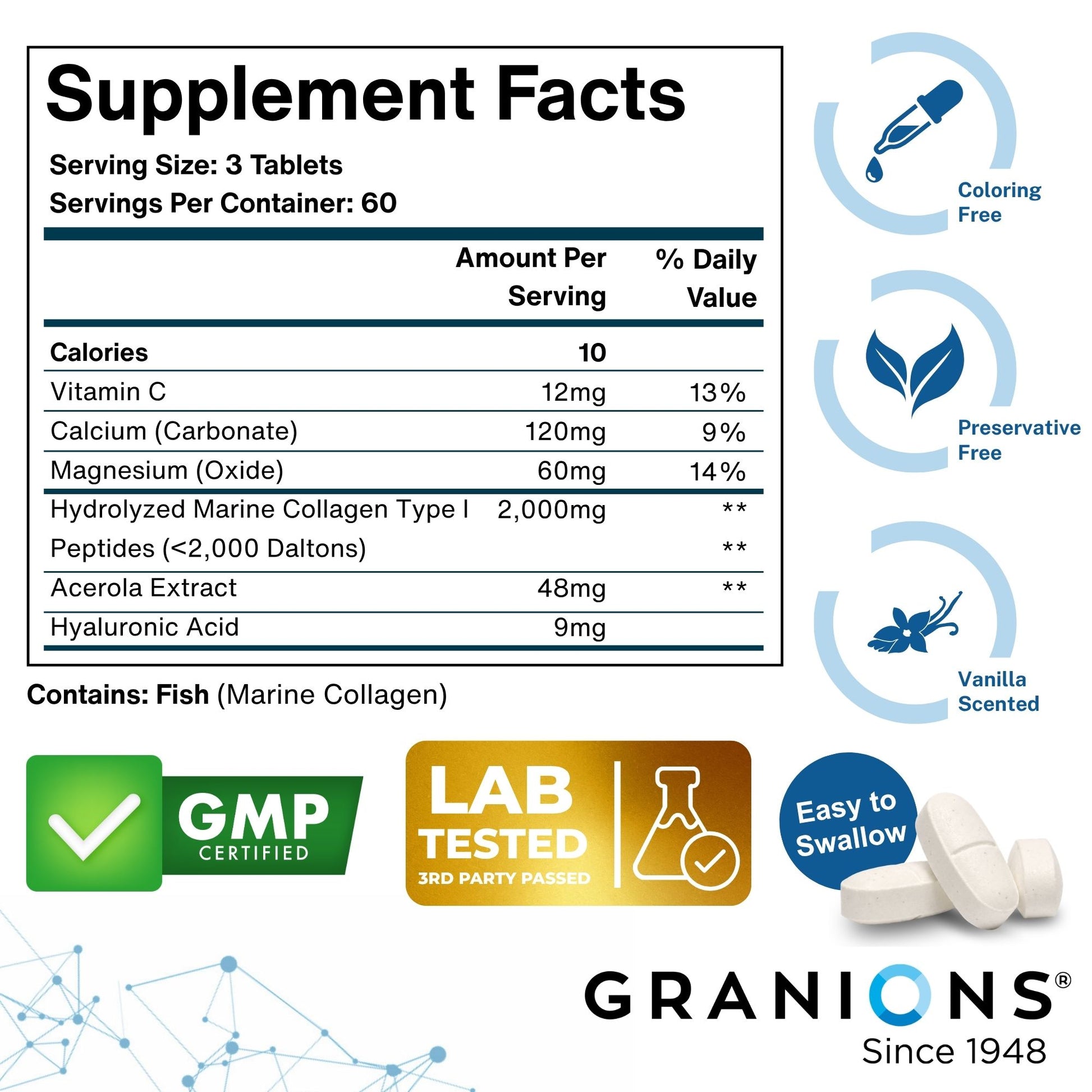 Supplement facts label with product details and certification logos on a white background