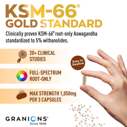 Promotional image of KSM-66 Gold Standard supplement with a hand holding a capsule.