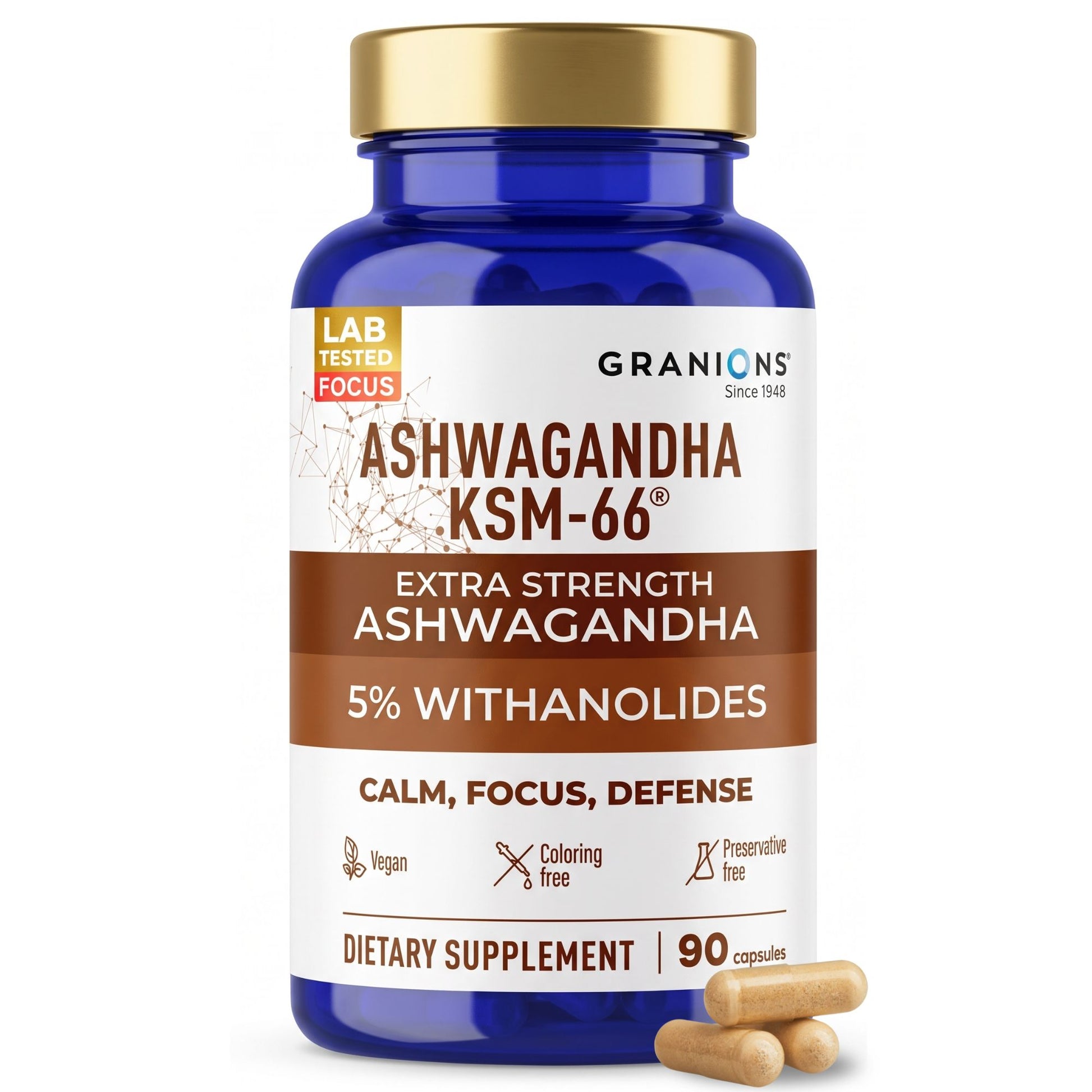 Supplement bottle labeled 'ASHWAGANDHA KSM-66' by Granions on a white background