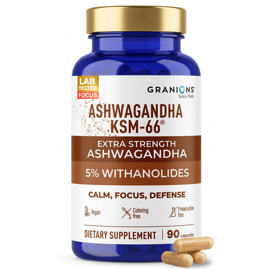 Supplement bottle labeled 'ASHWAGANDHA KSM-66' by Granions on a white background
