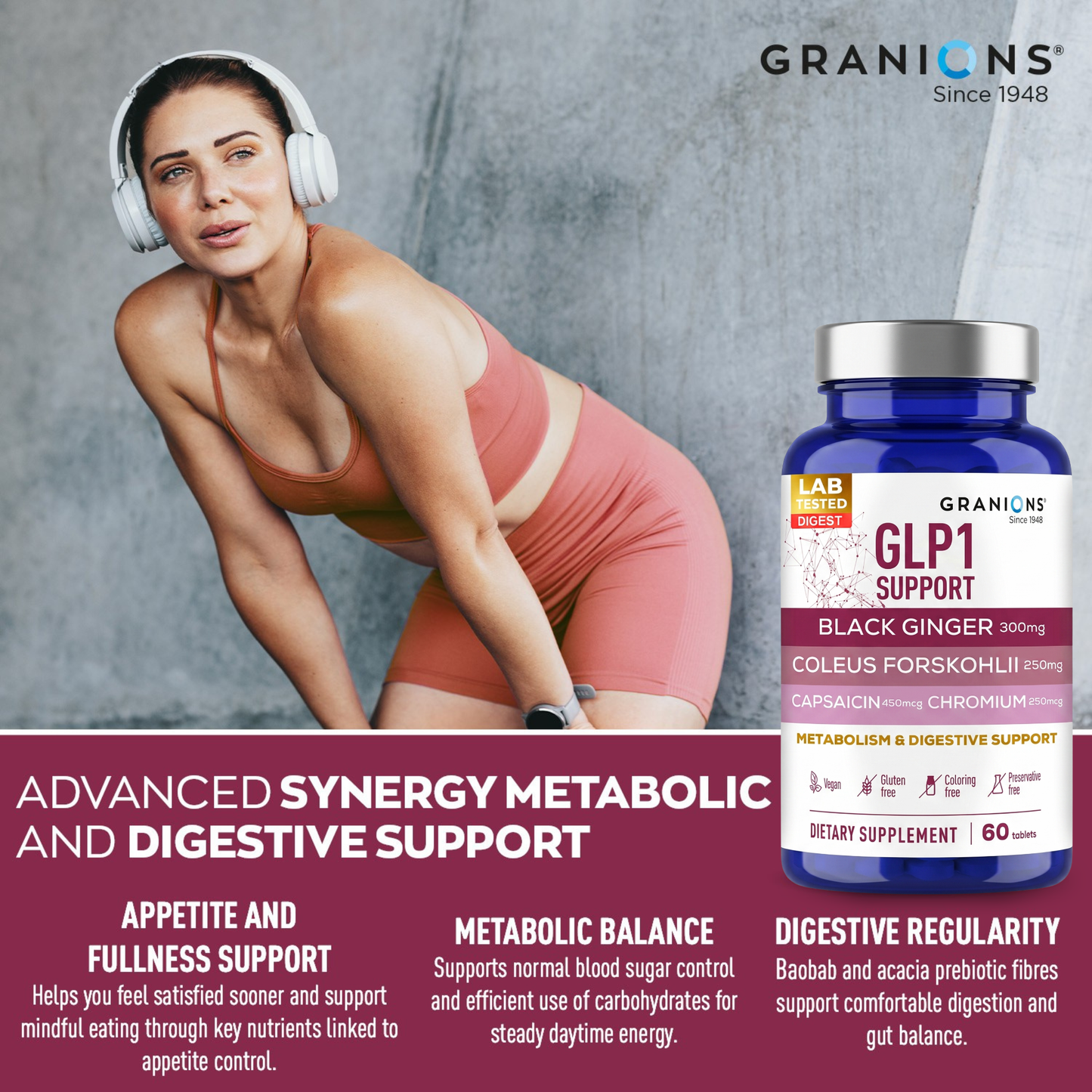 Woman exercising with Granions GLP1 Support supplement bottle on a gray background