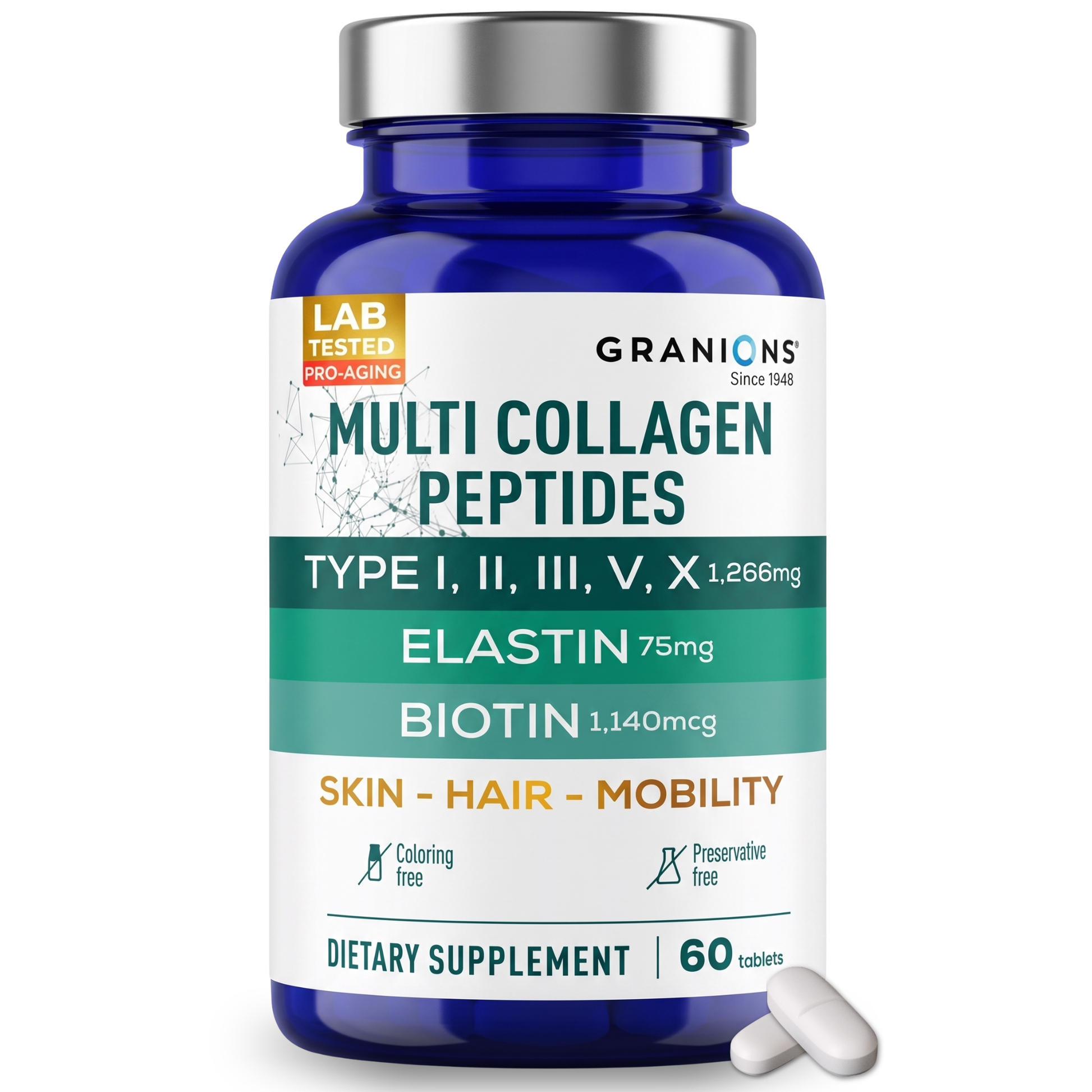 Bottle of Granions Multi Collagen Peptides dietary supplement on a white background