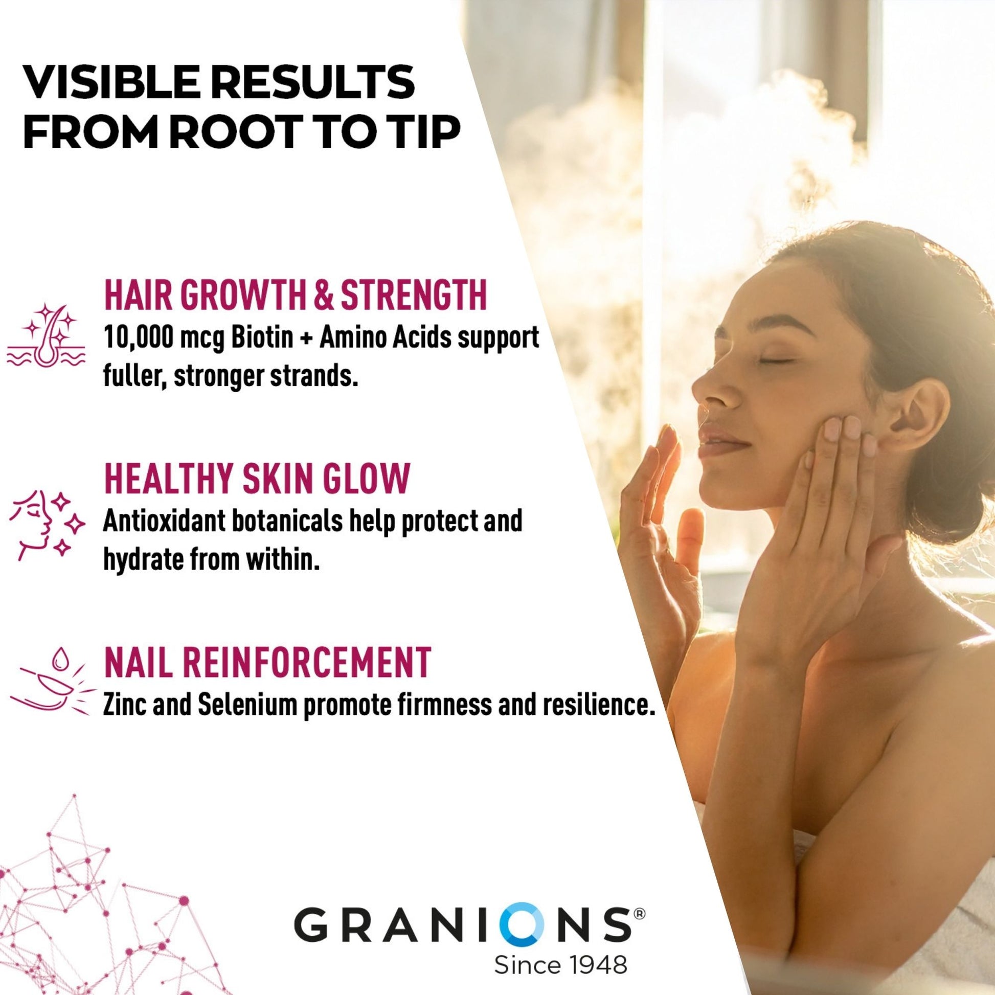 Advertisement for Granions hair, skin, and nail care products with a woman touching her face.