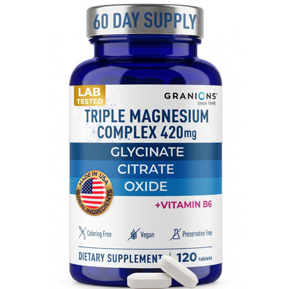 Supplement bottle labeled 'Triple Magnesium Complex 420 mg' by Granions on a white background