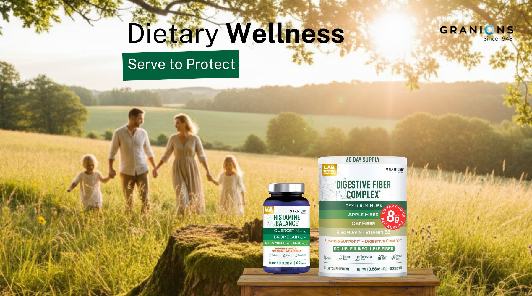 Granions dietary supplements with a family in a field, promoting 'Dietary Wellness'.