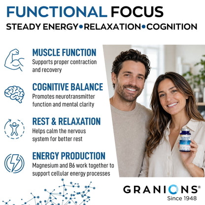 Advertisement for Granions supplements with a man and woman holding a bottle, featuring text on health benefits.