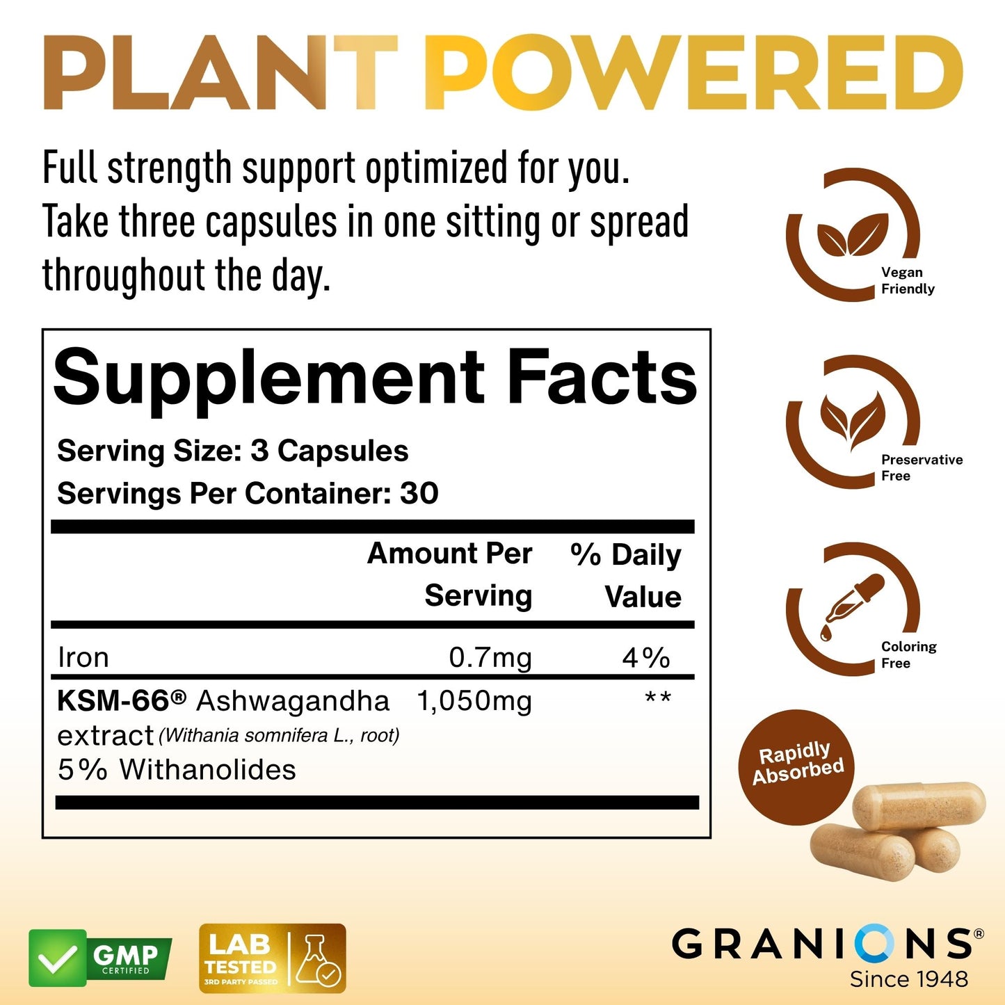 Supplement label for Granions with plant-powered text, supplement facts, and branding elements.