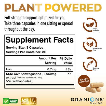 Supplement label for Granions with plant-powered text, supplement facts, and branding elements.