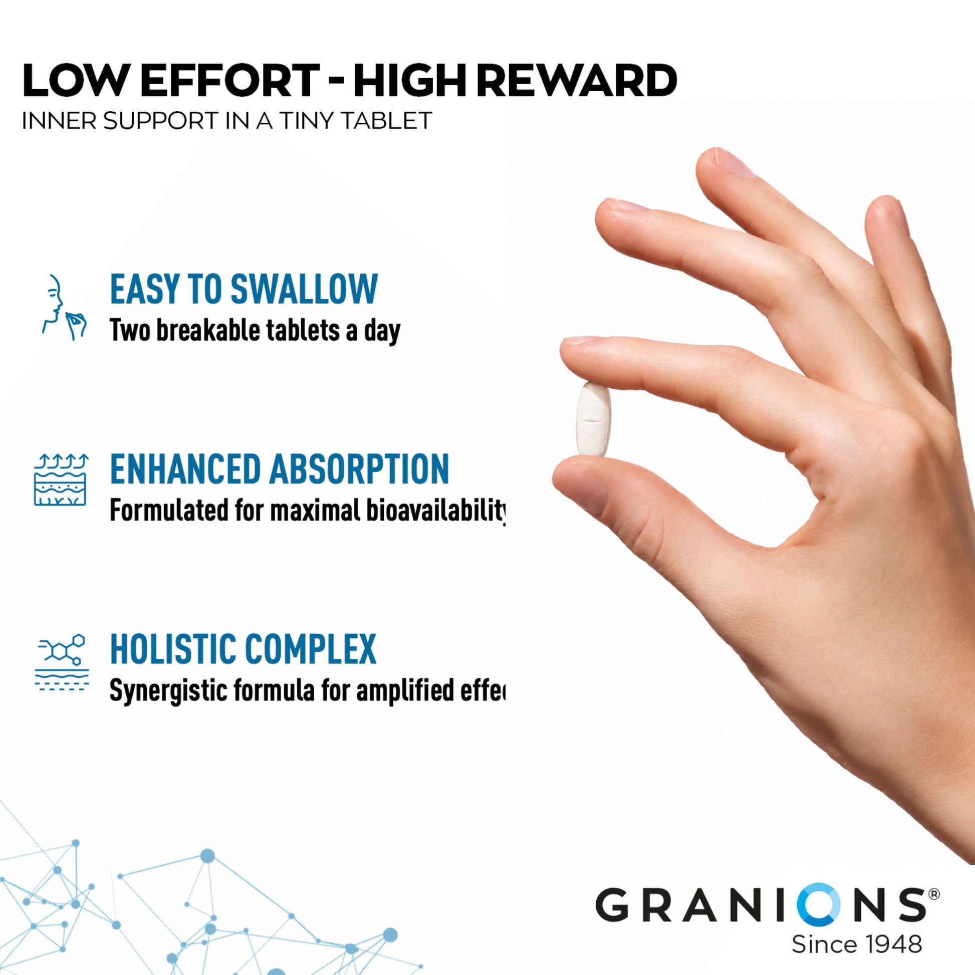 Hand holding a tablet with product features listed on a white background, featuring the brand 'Granions'.