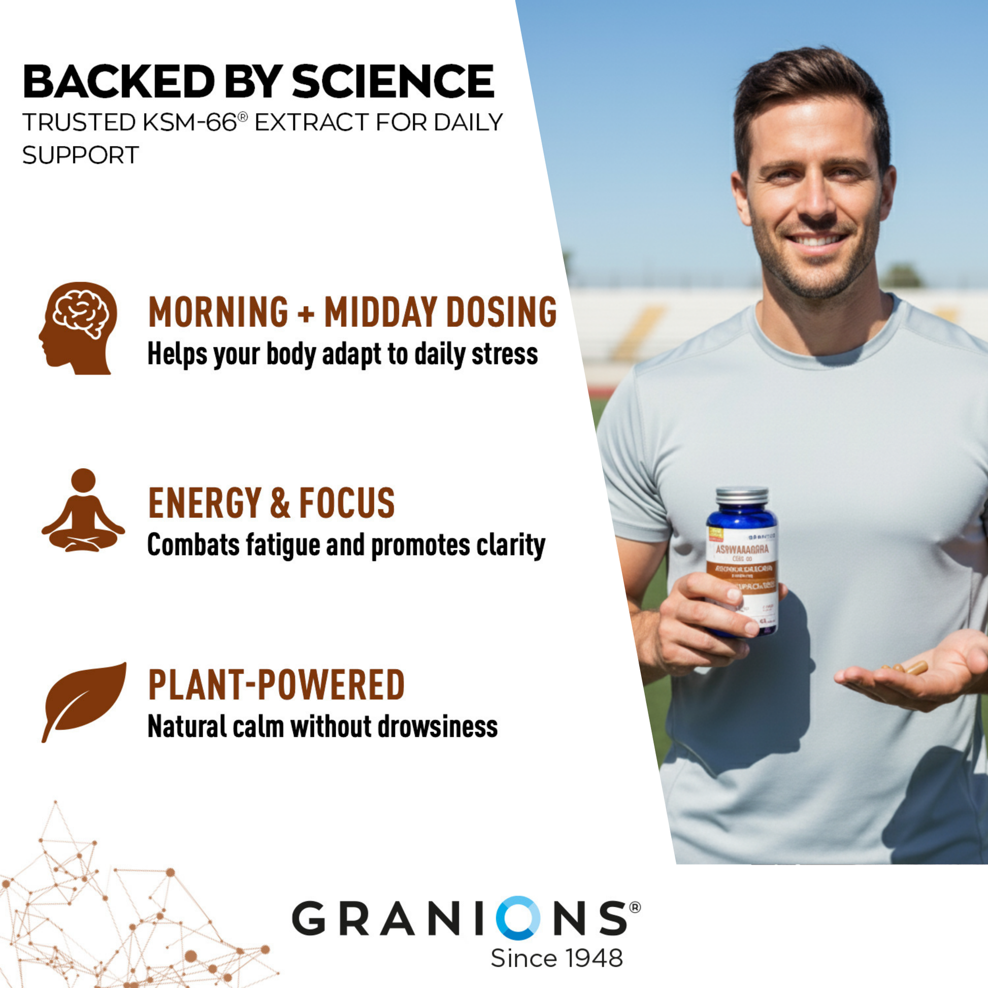 Advertisement for Granions supplement with a man holding a bottle outdoors.