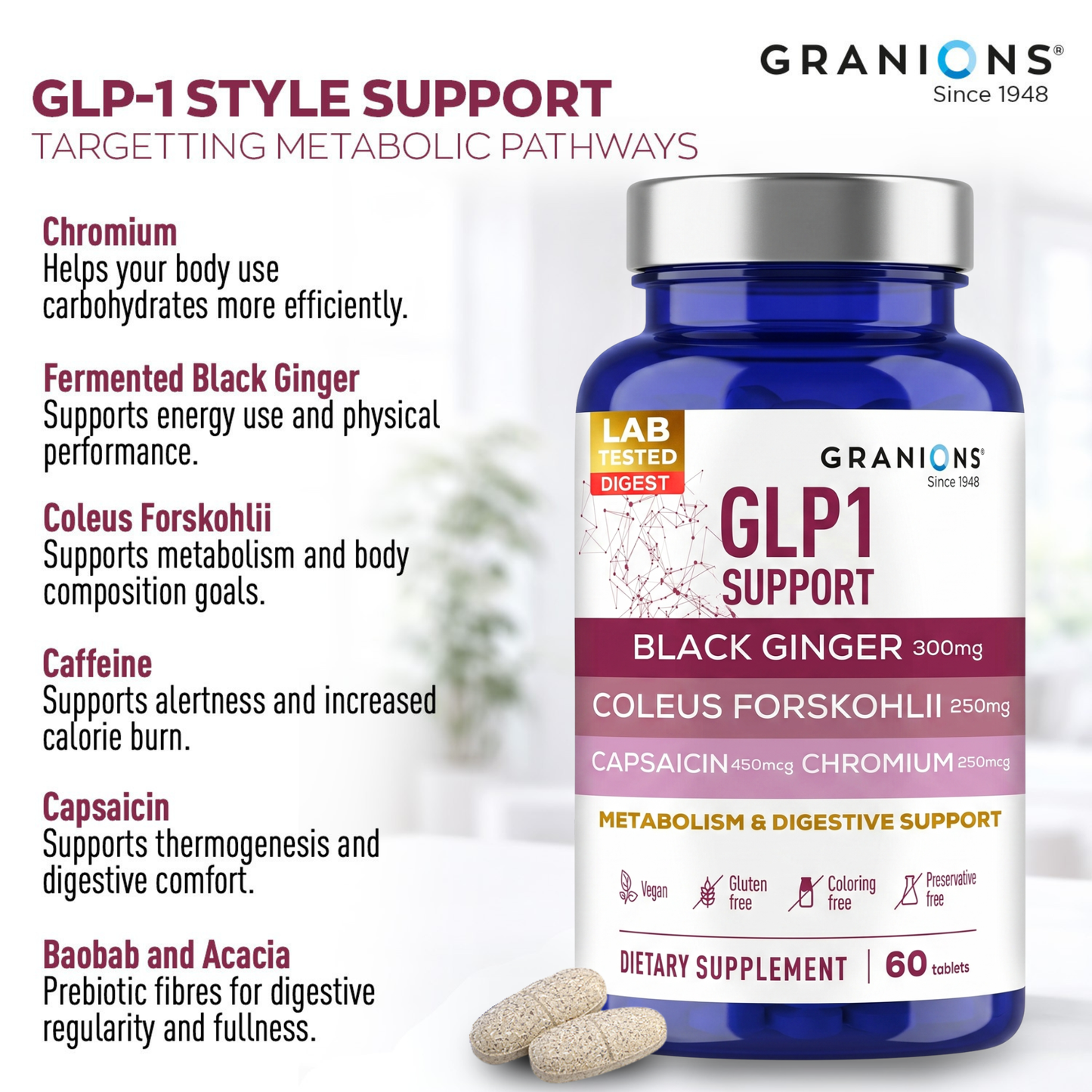 Granions GLP1 Support dietary supplement bottle with ingredients listed on a white background