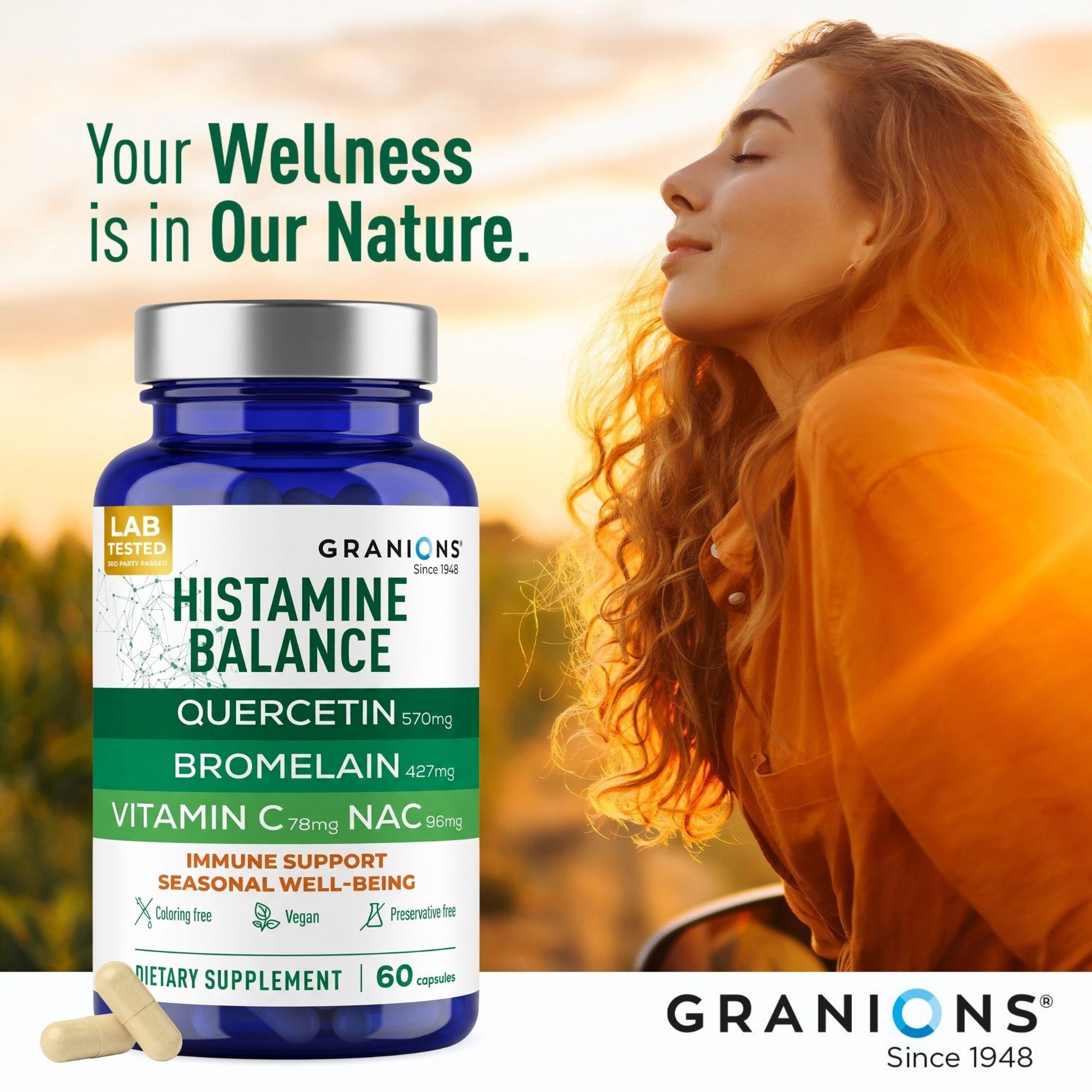 Supplement bottle labeled 'Histamine Balance' by Granions with a woman in an orange jacket against a sunset background.