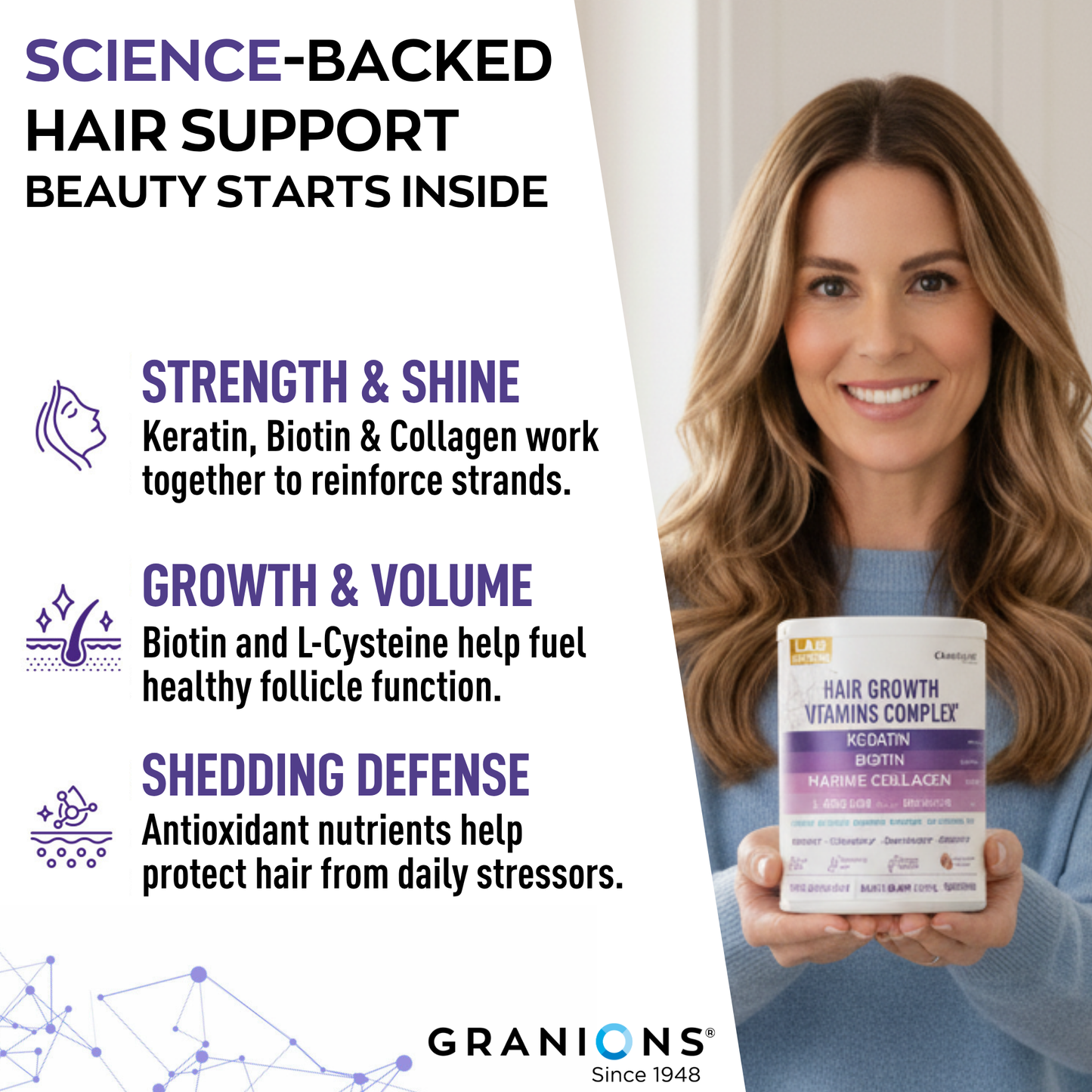 Woman holding a hair growth supplement with product details on a white background