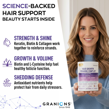 Woman holding a hair growth supplement with product details on a white background