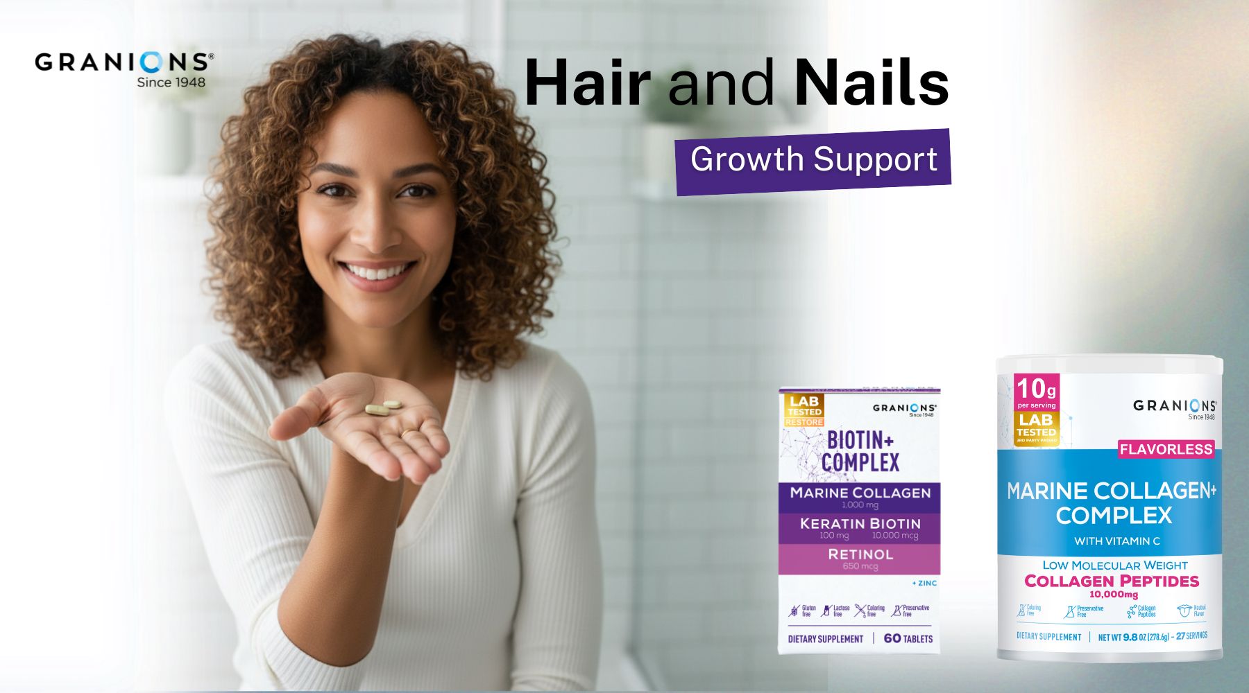 Woman holding Granions hair and nails growth support products with packaging displayed.