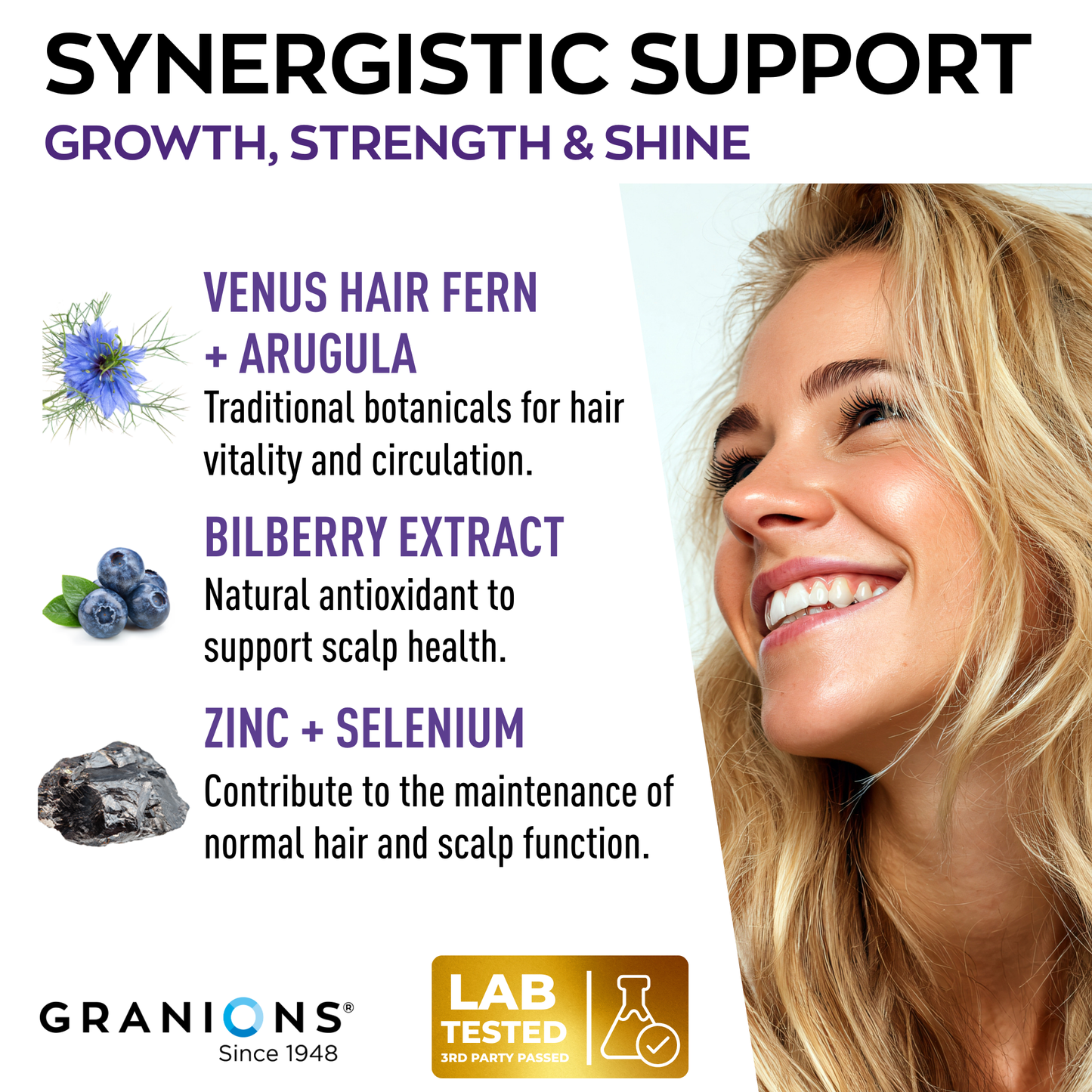 Advertisement for Granions hair product with a smiling woman and listed ingredients.
