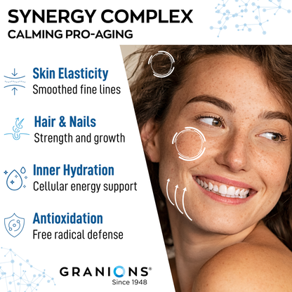 Advertisement for Granions Synergy Complex with a woman's face and product benefits listed.