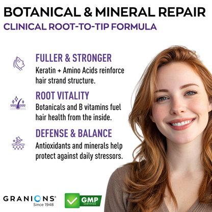 Advertisement for Granions Botanical & Mineral Repair with a woman and product benefits listed.